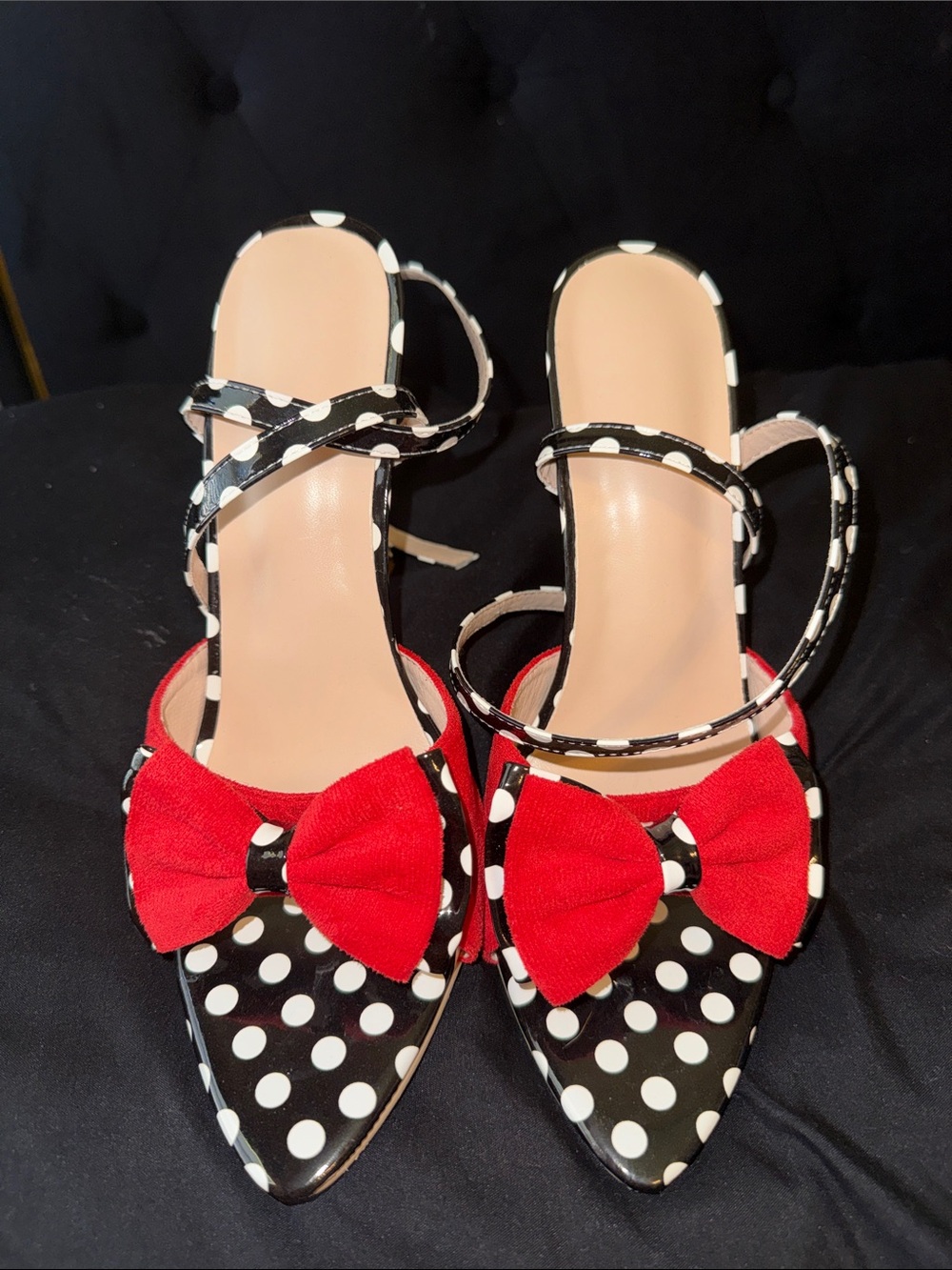 Polka Dot Pointed-Toe Heels with Red Bow